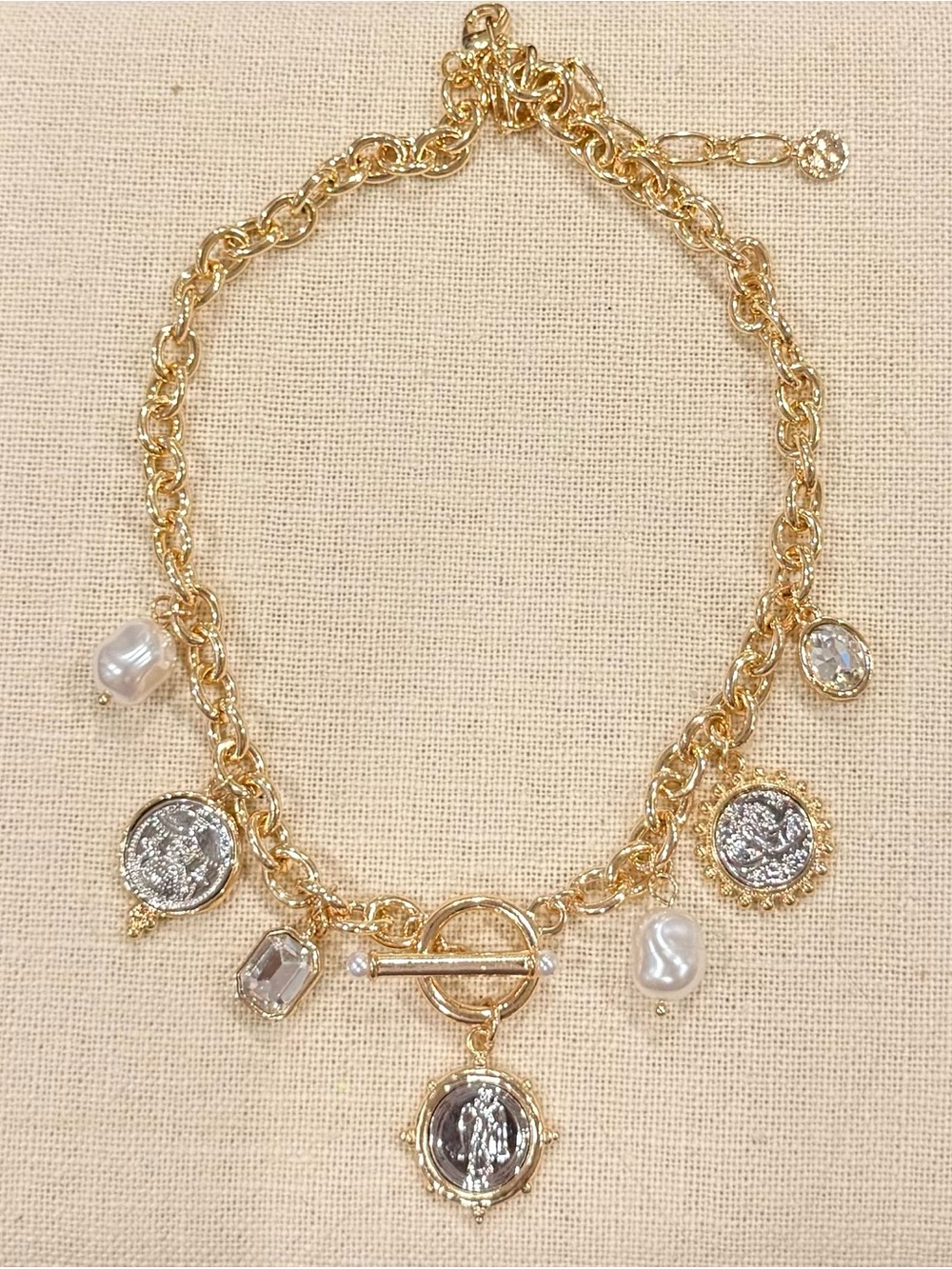 Gold Charm Chain Necklace with Pearls and Coin Pendants
